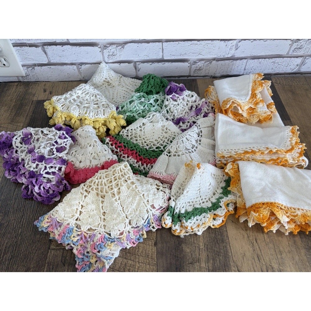 14 Crochet Doilies Vintage Colorful SUPER CLEAN Random Sizes